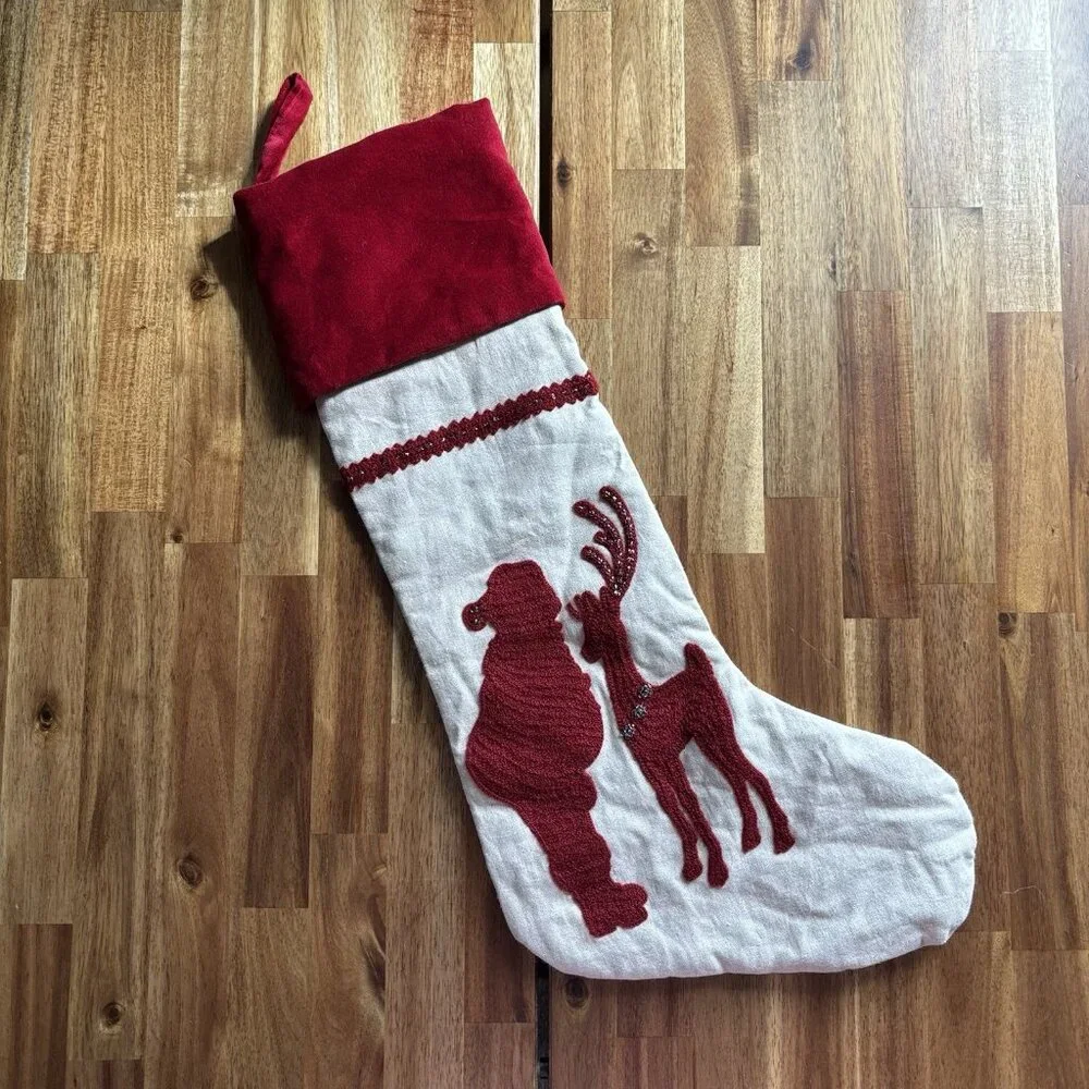 1 Pottery Barn Kids Christmas Stocking Santa Claus Reindeer Linen Velvet Holiday